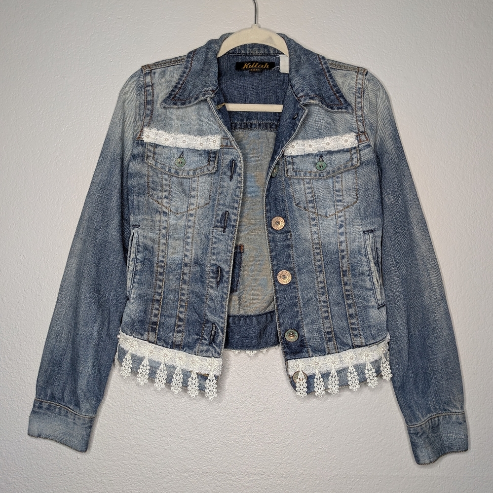 Killah Miss Sixty Womens Y2K Vintage Blue Denim Lace Trim Trucker Jacket S